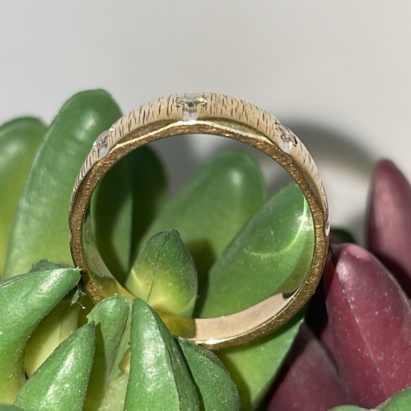 Solid Stamped 14K Yellow Gold Natural Diamond Vintage Textured Modern Band Ring - Picture 8 of 17